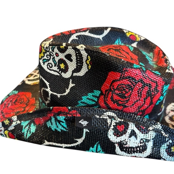 Peter Grimm Cowboy Hat Sugar Skulls/Rose Print Black Cotton Western Cowgirl EUC - Picture 7 of 8